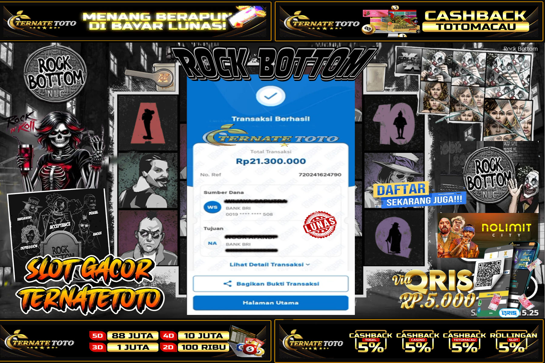 TERNATETOTO - JACKPOT SLOT ROCK BOTTOM Rp. 21,300,000,-